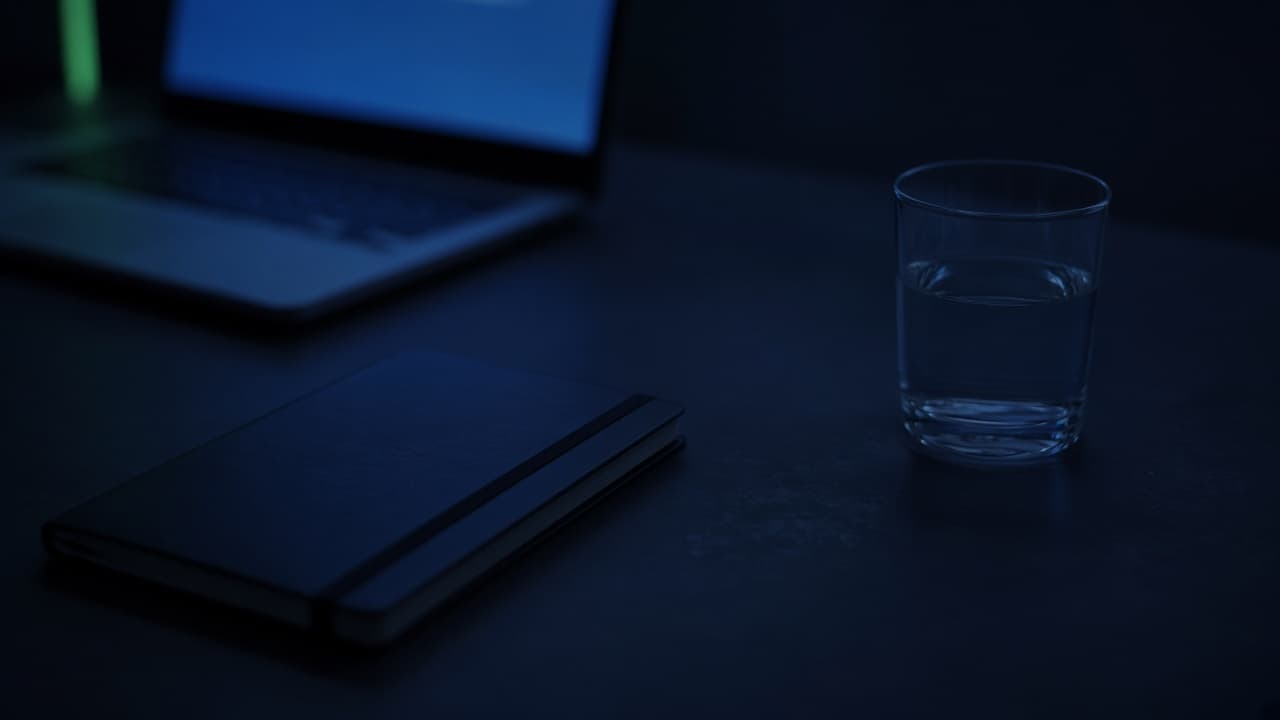 Bureau le soir, carnet fermé et écran